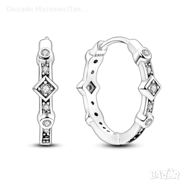925 Сребърни обеци халки с геометричен дизайн и циркони, снимка 1