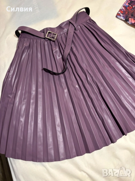 Чисто нова лилава плисирана кожена пола солей + кожен колан, размер XS, снимка 1