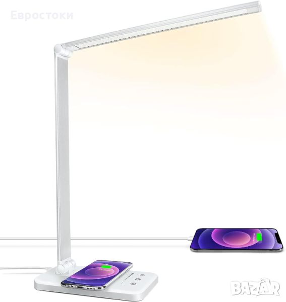 LED настолна лампа с Andoid и IOS безжично зареждане на телефон, USB порт за зареждане, с 10 яркости, снимка 1