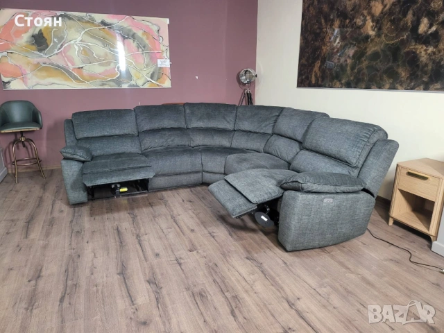 Сив ъглов диван от плат с електрически релаксиращ механизъм, снимка 7 - Дивани и мека мебел - 53833745
