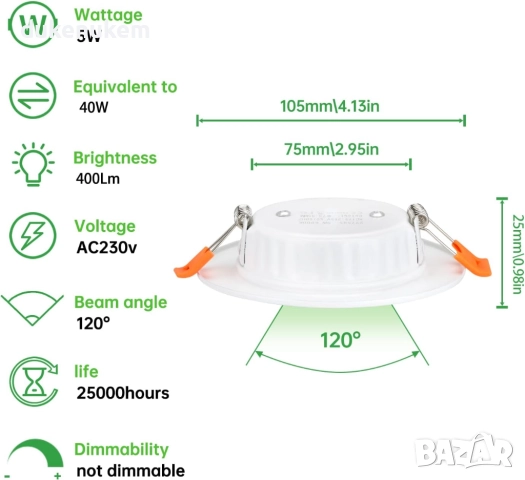 Комплект от 24 LED лунички, 5W, ултра тънки, 6000K студена светлина, 75–95 мм, снимка 2 - Лед осветление - 52746972