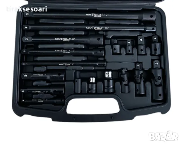 Комплект ударни преходници и удължения 18 части 1/4",3/8", 1/2" KraftWelle, снимка 2 - Други инструменти - 49349743