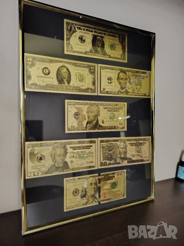 серия от позлатени долари от 1до 100$ в рамка, снимка 3 - Картини - 53157749