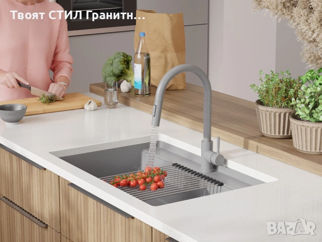 Сива кухненска мивка за вграждане под плот Берген 80 Low 760x530 мм -20%, снимка 3 - Мивки - 53070198
