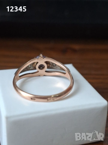 Руски антикварен златен пръстен - аметист , брилянти, снимка 4 - Пръстени - 54125434