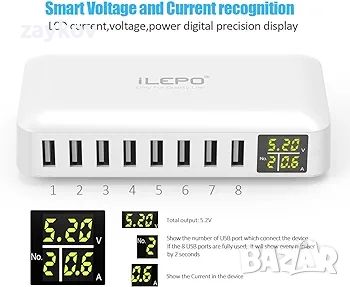iLepo 8-портова USB зарядна станция за зареждане на множество устройства с LED дисплей, снимка 2 - Друга електроника - 45178329