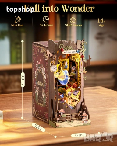 Чисто нов запечатан Rolife Book Nook - Falling into Wonder - Чисто нов 3D дървен пъзел с LED ​..., снимка 6 - Конструктори - 53357519
