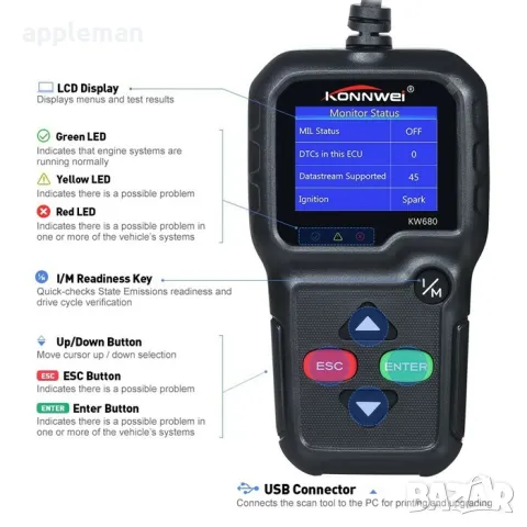 Уред / Скенер за диагностика на МПС KW680/PA124 OBD II KONNWEI, снимка 2 - Аксесоари и консумативи - 48864836