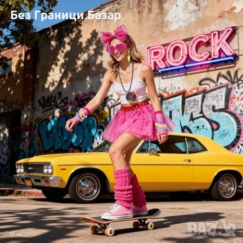 Нов Дамски 80s неон костюм сет туту пола гети мрежести ръкавици парти, снимка 3 - Други - 53679453