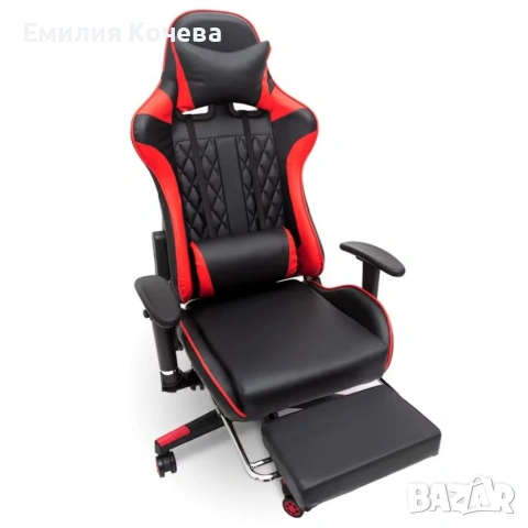 Ергономичен геймърски стол с функция за масаж и подложка за крака - червен, снимка 2 - Столове - 53236970