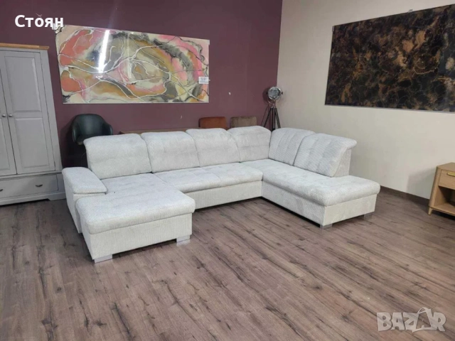 ПРОМОЦИЯ!!!Бежов П-образен ъглов диван от плат рипсено кадифе Nixon