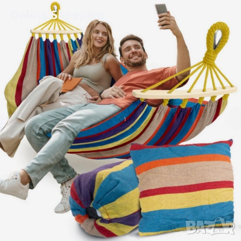 Хамак XXL с възглавница и чанта — максимален комфорт до 250 кг за релакс навън, снимка 5 - Градински мебели, декорация  - 53327862