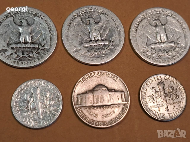 6 американски сребърни монети 5 цента, 10 цента, четвърт долар, снимка 8 - Нумизматика и бонистика - 50493033