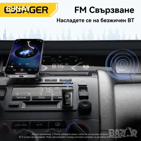 Essager Bluetooth 5.4 FM трансмитер за кола, безжичен аудио адаптер ES-BT17, Handsfree, снимка 3 - Друга електроника - 54127812