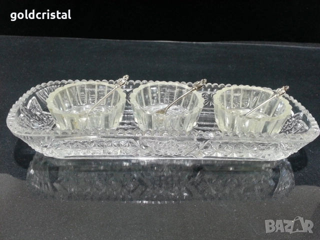 стар стъклен комплект за хайвер подправки , снимка 3 - Антикварни и старинни предмети - 51636157