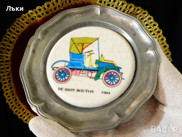 Калаена чиния,пано с ретро автомобил от 1904 г. , снимка 2 - Антикварни и старинни предмети - 54058646