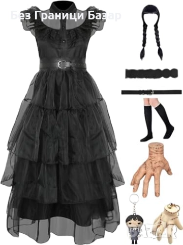 Нов костюм Черна рокля с перука и аксесоари за момичета Addams Хелоуин
