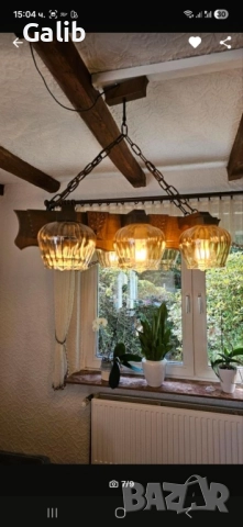 Красива масивна дървена лампа, абажур 6 светлини, немско производство, снимка 2 - Лампи за таван - 52674903