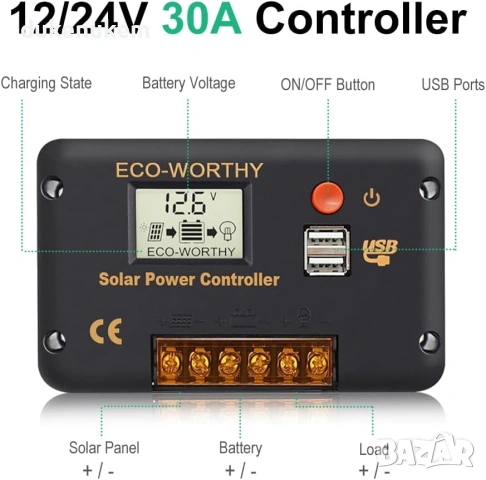 PWM соларен контролер 30A за 12V и 24V системи с LCD дисплей и USB портове, снимка 6 - Друга електроника - 53018972