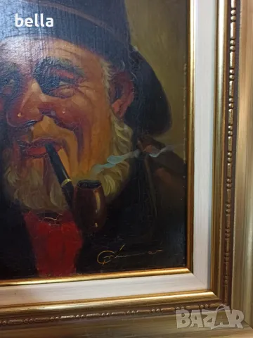 Стара картина Старецът с лулата -масло върху фазер подписана ,рамката е добавена от нас (пластика ),, снимка 3 - Антикварни и старинни предмети - 49929473