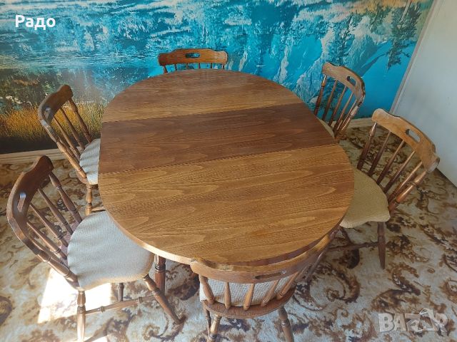 Трапезна разтегателна дървена дъбова маса 6 броя стола кръгла елипса 110 см столове масивна, снимка 6 - Маси - 45207452