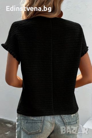 Дамска блуза в черно, с къс ръкав и ефектна текстура, снимка 4 - Други - 46404823