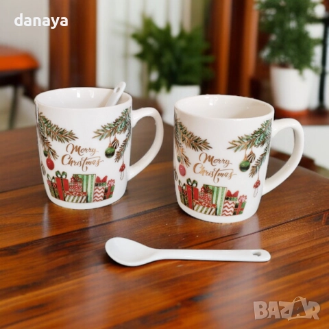 6243 Комплект коледни чаши с лъжички в подаръчна кутия – Merry Christmas, снимка 3 - Чаши - 52155041