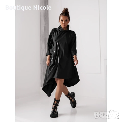 Черна асиметрична рокля с ципове  