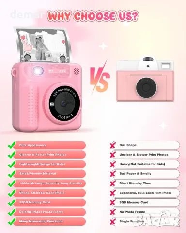 TERRAMUS Kids Camera Instant Print, 12MP 1080P цифров фотоапарат за деца на възраст 3-12 години, снимка 6 - Образователни игри - 47029274