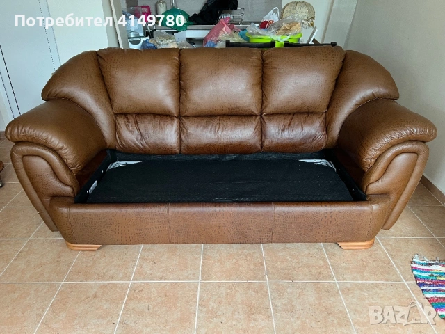 Кожен диван с разтегателно двойно легло с матрак, снимка 4 - Дивани и мека мебел - 53088374