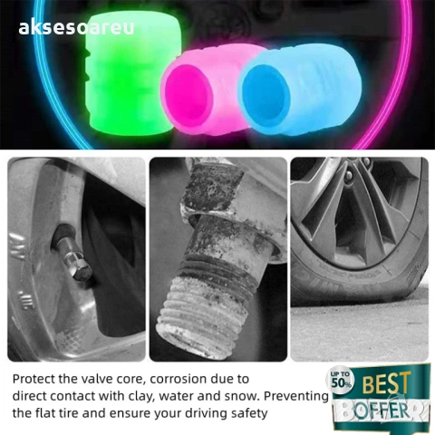 Комплект 4 бр. светещи капачки за вентили флуоресцентни нощни светещи декорации за кола мотоциклет, снимка 7 - Аксесоари и консумативи - 53887489