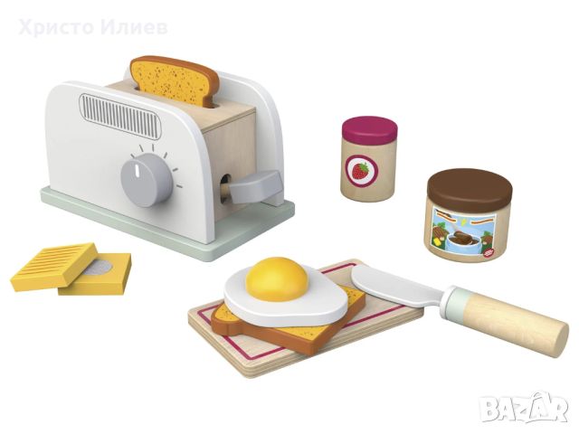 Детски дървен тостер с аксесоари Дървени кухненски играчки