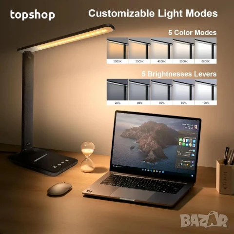 Настолна димируема светодиодна настолна лампа с USB порт за зареждане, 5 режима на осветяване..., снимка 7 - Настолни лампи - 50559938