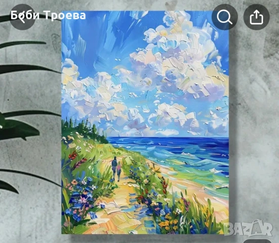 Лятна плажна пейзажна акрилна картина върху платно - луксозно стенно изкуство , снимка 5 - Картини - 53020297