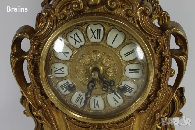 Немски Каминен Механичен Часовник Месингов С Орнаменти, снимка 2 - Антикварни и старинни предмети - 51394258