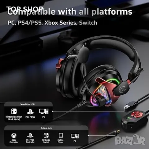 Tatybo Слушалки за PC/PS5/Xbox, RGB, Ултра-Ясен Микрофон, снимка 6 - Слушалки и портативни колонки - 49444332