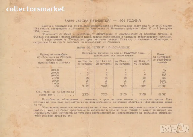 Облигация 20 лева 1954 № 136234, снимка 2 - Други ценни предмети - 47385750