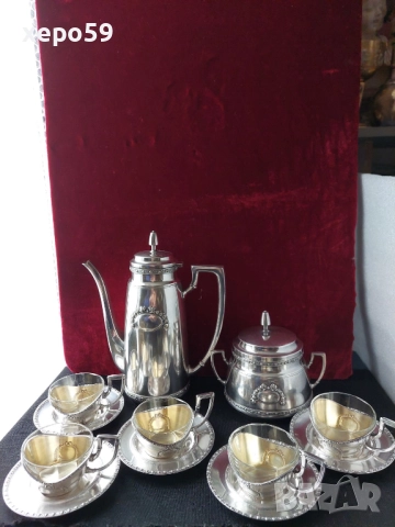 Посребрен комлект за кафе-каничка, захарница, и чашки за кафе/чаша ,сребро, кана/, снимка 2 - Сервизи - 52351137