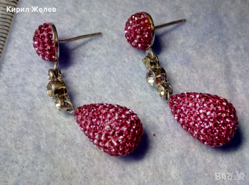 ЕФЕКТНИ ФЕШЪН АРТ СТИЛ СРЕБЪРНИ ОБЕЦИ СРЕБРО 925 с БЯЛА ПОЗЛАТА РОЗОВ ЕМАЙЛ и ИСКРЯЩИ КРИСТАЛИ 47935, снимка 1