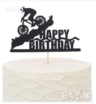 Колоездач Велосипедист наклон с колело картонен брокат топер украса декор за торта парти рожден ден, снимка 1