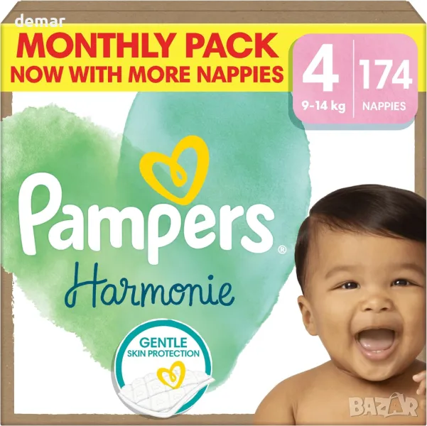 Бебешки пелени Pampers Harmonie Размер 4, 174 пелени, 9 кг-14 кг, месечна опаковка, снимка 1