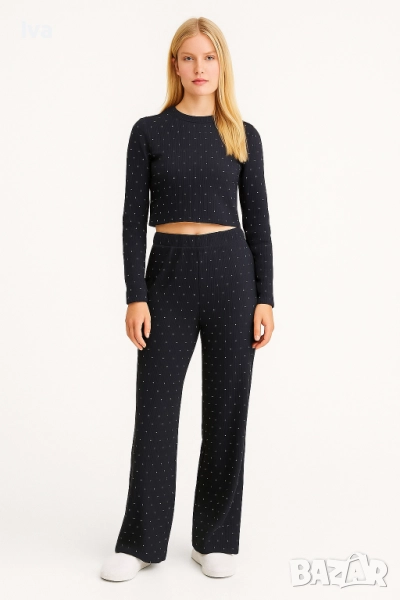 Alessa дамски комплект обсипан с камъни с дълъг ръкав и широк панталон - размери, снимка 1