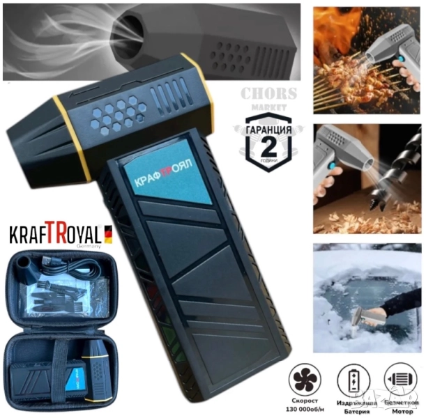 Мини Турбо Пистолет Духалка KRAFTROYAL Акумулаторен за Листа Сняг Автомивка Барбекю Огън и др., снимка 1