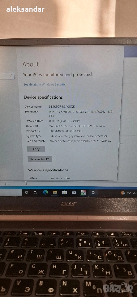 acer 3.17% Intel Core i5-1035G1 (1.0/3.6 GHz, 6M) Intel UHD Graphics 8 GB LPDDR4, снимка 1