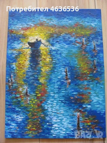 Картина масло, картон, подпис-Море, залез, 40х30см.