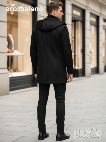Мъжко едноредно зимно палто черно, снимка 4 - Палта - 52777169