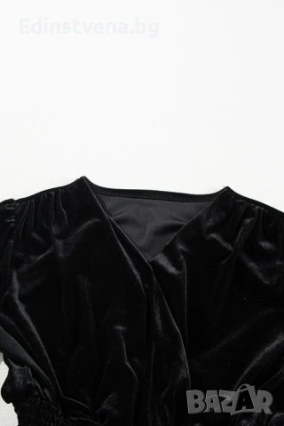 Дамска къса рокля кадифе с дълъг ръкав в черно, снимка 8 - Рокли - 53081777