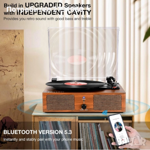 Bluetooth Грамофон за винилови плочи вградени говорители USB вход 3 скорости AUX вход жак слушалки, снимка 2 - Грамофони - 52155806