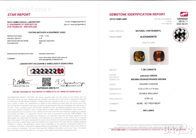 Естествен александрит с драматична промяна на цвета 1,28 карата! Сертификат!, снимка 3 - Други - 54184683