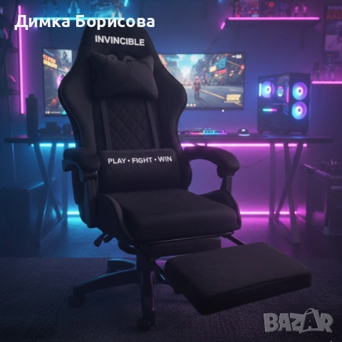 Черен геймърски стол с регулируема височина, лумбална възглавница и метална основа